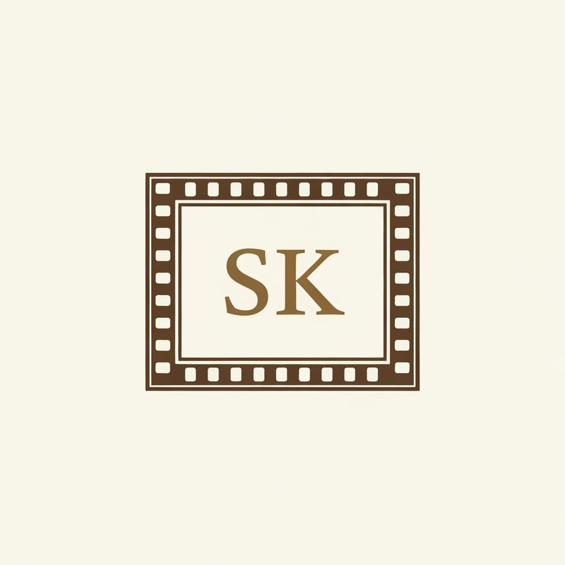 Design a classic logo where SK sits inside a traditional film frame border. Use subtle warm colors like antique gold, bronze, and cream. Clean, classy, old-school cinema vibe
