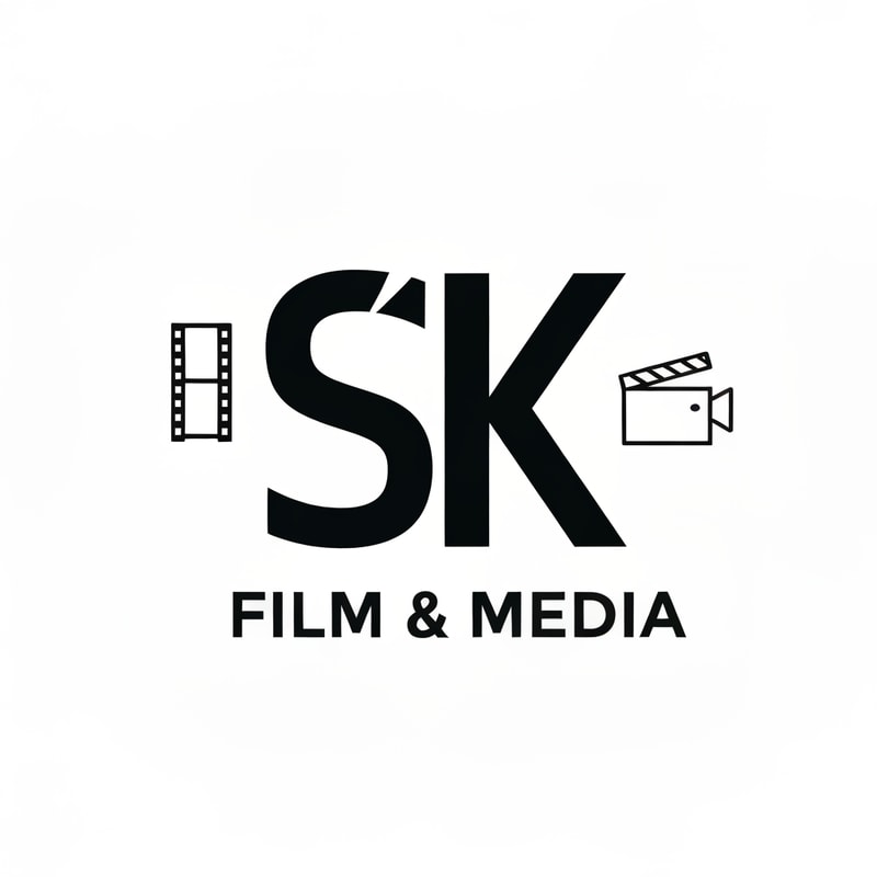 Design a clean and modern 2D logo for SK Film & Media. Use a bold, minimal monogram of the letters S and K with smooth geometric shapes. Include subtle 2D film elements like a flat film strip, clapboard icon, or camera lens outline. Style should be simple, flat, and professional—no 3D effects. Use strong contrast, sharp lines, and a balanced layout. Keep the overall look cinematic, creative, and suitable for a media production brand. High-resolution vector-style artwork.