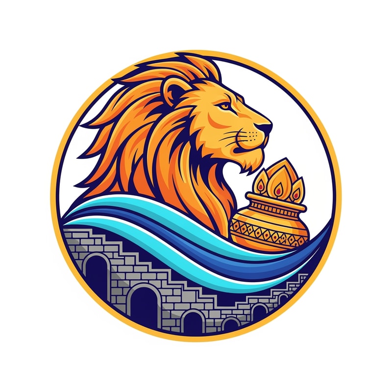 A professional vector logo emblem for the Nashik-Trimbakeshwar Kumbh Mela. The central element is a stylized, powerful saffron and gold lion head in profile. Its flowing mane cradles an ornate golden Amrit Kalash pot. Below the lion and kalash, flowing blue and cyan waves represent the Godavari river. Crucially, the river waves are integrated with stylized stone stepped ghats and distinct semi-circular arches reminiscent of Nashik's Ramkund architecture. The entire emblem has a circular golden border. The style is clean, modern, flat vector art with bold lines and minimal gradients, suitable for official use. Colors: Saffron, Royal Blue, Gold, and a hint of stone grey for the ghats. Isolated on a plain white background