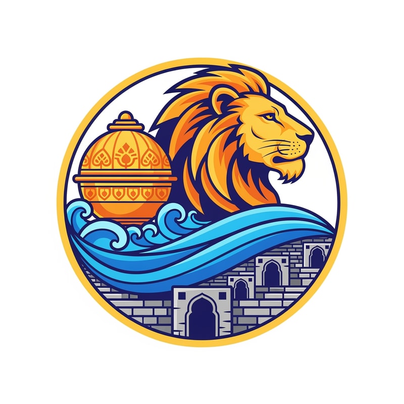 A professional vector logo emblem for the Nashik-Trimbakeshwar Kumbh Mela. The central element is a stylized, powerful saffron and gold lion head in profile. Its flowing mane cradles an ornate golden Amrit Kalash pot. Below the lion and kalash, flowing blue and cyan waves represent the Godavari river. Crucially, the river waves are integrated with stylized stone stepped ghats and distinct semi-circular arches reminiscent of Nashik's Ramkund architecture. The entire emblem has a circular golden border. The style is clean, modern, flat vector art with bold lines and minimal gradients, suitable for official use. Colors: Saffron, Royal Blue, Gold, and a hint of stone grey for the ghats. Isolated on a plain white background