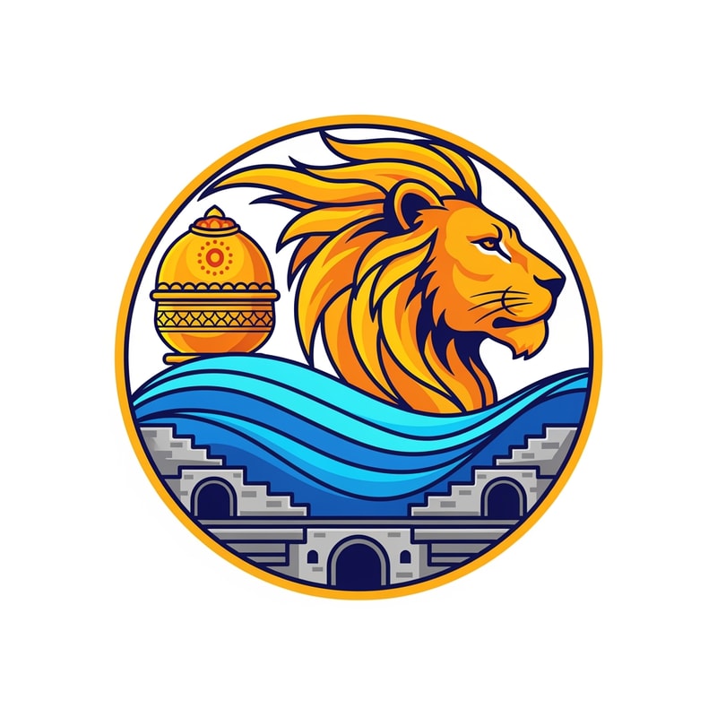 A professional vector logo emblem for the Nashik-Trimbakeshwar Kumbh Mela. The central element is a stylized, powerful saffron and gold lion head in profile. Its flowing mane cradles an ornate golden Amrit Kalash pot. Below the lion and kalash, flowing blue and cyan waves represent the Godavari river. Crucially, the river waves are integrated with stylized stone stepped ghats and distinct semi-circular arches reminiscent of Nashik's Ramkund architecture. The entire emblem has a circular golden border. The style is clean, modern, flat vector art with bold lines and minimal gradients, suitable for official use. Colors: Saffron, Royal Blue, Gold, and a hint of stone grey for the ghats. Isolated on a plain white background