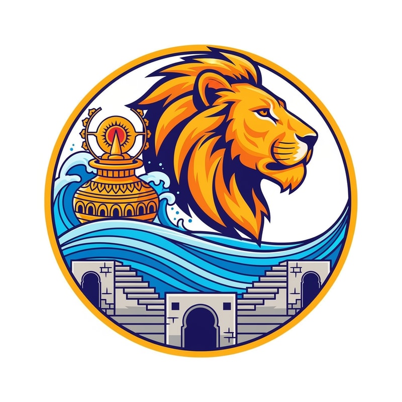 A professional vector logo emblem for the Nashik-Trimbakeshwar Kumbh Mela. The central element is a stylized, powerful saffron and gold lion head in profile. Its flowing mane cradles an ornate golden Amrit Kalash pot. Below the lion and kalash, flowing blue and cyan waves represent the Godavari river. Crucially, the river waves are integrated with stylized stone stepped ghats and distinct semi-circular arches reminiscent of Nashik's Ramkund architecture. The entire emblem has a circular golden border. The style is clean, modern, flat vector art with bold lines and minimal gradients, suitable for official use. Colors: Saffron, Royal Blue, Gold, and a hint of stone grey for the ghats. Isolated on a plain white background