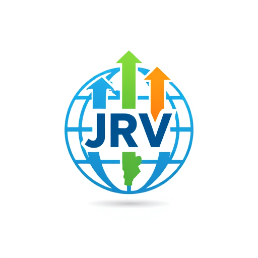 Professional logo design. “A modern and professional logo featuring a globe with upward arrows representing growth and progress. Include the letters JRV inside the globe. Use bold, vibrant colors like blue, green, and orange. The design should symbolize international trade, expansion, and trust.”