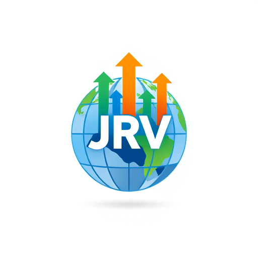 Professional logo design. “A modern and professional logo featuring a globe with upward arrows representing growth and progress. Include the letters JRV inside the globe. Use bold, vibrant colors like blue, green, and orange. The design should symbolize international trade, expansion, and trust.”