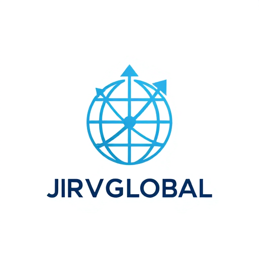 Professional logo design. Create a clean, abstract logo with a minimalist globe intersected by rising arrows. Integrate JRVGLOBAL text below in a bold, modern font. The overall look should represent global connectivity, trade, and infrastructure growth.