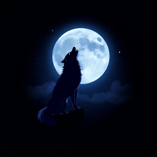 Professional logo design. A lone wolf howling at a full moon — a silhouette against a starry night sky, deep blues and purples with silver accents, mysterious and ethereal, illustrative, with subtle fog wisps, on a dark, gradient background.
