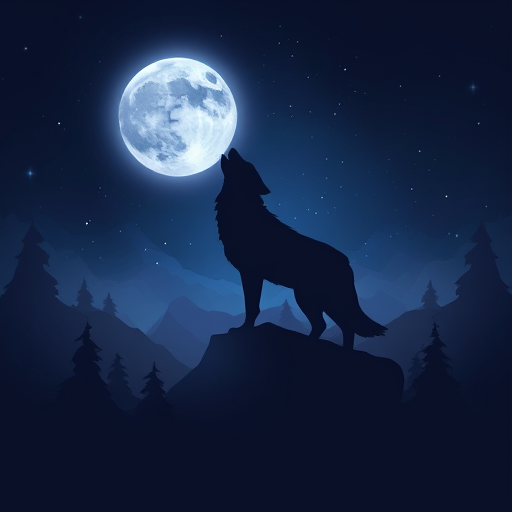 Professional logo design. A lone wolf howling at a full moon — a silhouette against a starry night sky, deep blues and purples with silver accents, mysterious and ethereal, illustrative, with subtle fog wisps, on a dark, gradient background.