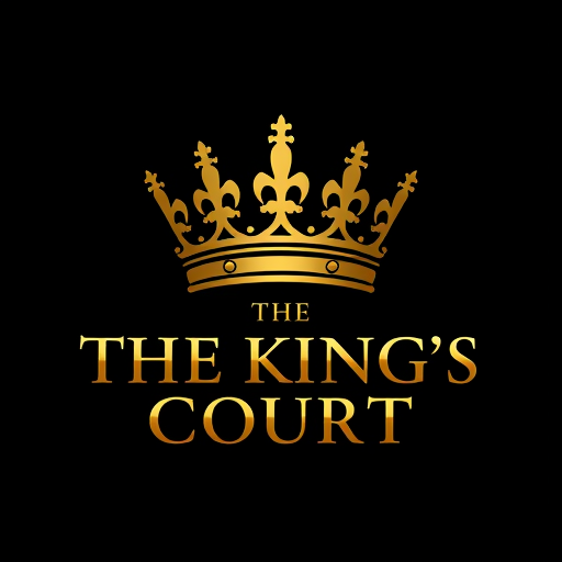 Professional logo design. luxurious logo design featuring a golden crown with elegant details, placed above the text 'THE KING’S COURT' in bold, serif, uppercase font with a metallic gold gradient.