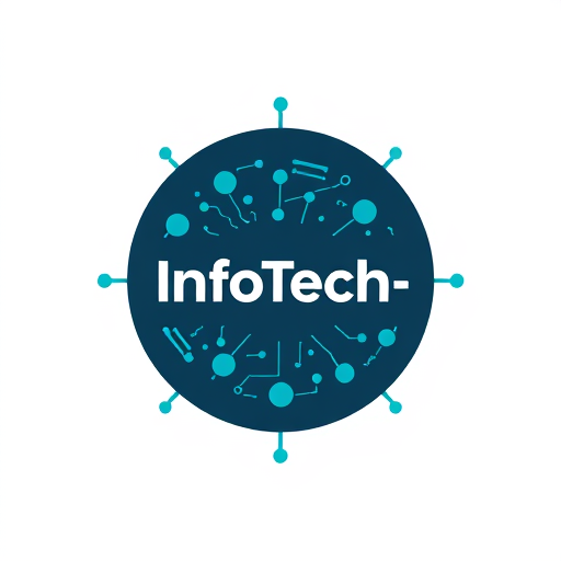 Professional logo design. A stylized logo for "InfoTech-ইনফোটেক". The logo features the company name, "InfoTech-ইনফোটেক" in a bold, sans-serif font, positioned centrally. It's set within a dark-navy blue circle, which sits in the middle of a larger teal-colored circle. Intertwined within the circles are various stylized, abstract shapes and lines that suggest technology and connectivity. These elements are predominantly dark teal, dark navy blue, and light teal/turquoise in color. A darker navy-blue outline surrounds the teal circle. The overall style is clean, modern, and technological. The logo is centered in the frame and presented from a directly overhead perspective. The composition is symmetrical and balanced. The color palette is cool and evokes a sense of innovation and trust.