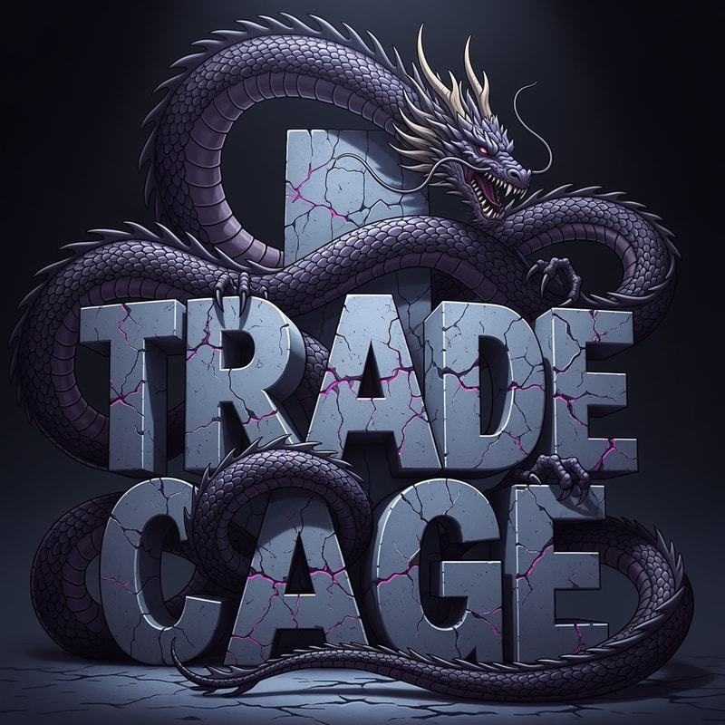 A colossal, monstrous Leviathan or Eastern dragon coiled around monumental, cracked concrete typography spelling "TRADE CAGE" — Dynamic close-up of the beast’s body weaving dramatically, partially obscuring and emerging from behind the solid text structure; Viewpoint is centered and imposing, maximizing the clash of organic and rigid forms — Dominant deep violet and indigo purples, contrasted with cool, dusty gray concrete textures and sparse magenta highlights — High-contrast, dramatic subsurface lighting, creating an oppressive and ancient subterranean mood — Highly detailed digital illustration, featuring solid textures and heavy graphic lines, suitable for stylized heavy graphic art — Square aspect ratio (512x512 pixels); keep text/logos/labels EXACTLY unchanged; no rewriting, redrawing, correcting, or adding any text — Featureless deep void or solid dark atmosphere emphasizing the central monument.