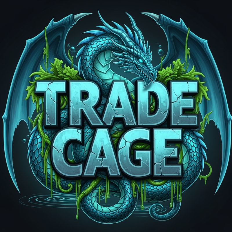a cool 512x512 logo with text TRADE CAGE a cool solid text with spooky theme and a dragon surronding the text colour theme : cyan , light blue , and acuatic theme lush grenny plants