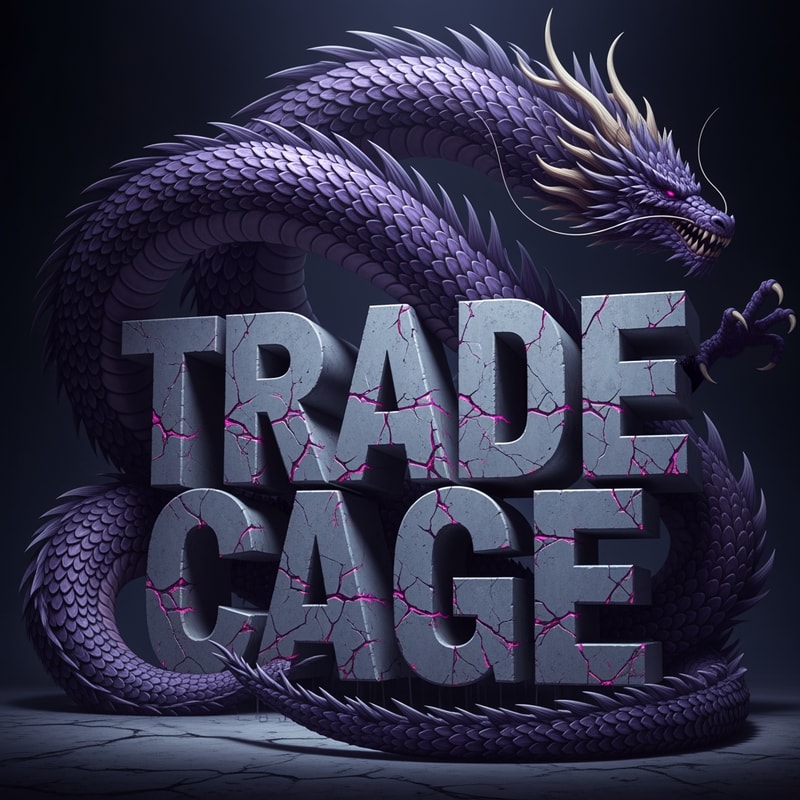 A colossal, monstrous Leviathan or Eastern dragon coiled around monumental, cracked concrete typography spelling "TRADE CAGE" — Dynamic close-up of the beast’s body weaving dramatically, partially obscuring and emerging from behind the solid text structure; Viewpoint is centered and imposing, maximizing the clash of organic and rigid forms — Dominant deep violet and indigo purples, contrasted with cool, dusty gray concrete textures and sparse magenta highlights — High-contrast, dramatic subsurface lighting, creating an oppressive and ancient subterranean mood — Highly detailed digital illustration, featuring solid textures and heavy graphic lines, suitable for stylized heavy graphic art — Square aspect ratio (512x512 pixels); keep text/logos/labels EXACTLY unchanged; no rewriting, redrawing, correcting, or adding any text — Featureless deep void or solid dark atmosphere emphasizing the central monument.