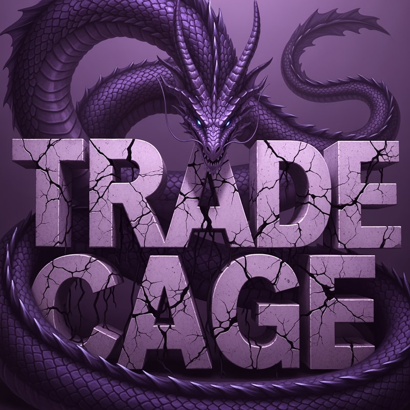 a highly solid text maybe with cracks the text saying : TRADE CAGE, and a big levithan or dragon going around from front and back of the text with its body going around iit the text solid like conqurete and use purplish colours the image should be 512sx512