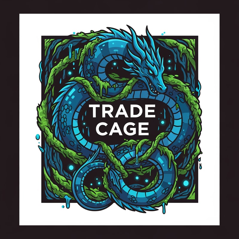 A highly stylized, serpentine aquatic dragon coiling tightly around the solid, central logo text "TRADE CAGE", interwoven with dense, wet, lush greenery associated with underwater caves. — Tight, centered square logo mark designed as a scalable vector emblem, with the dragon functioning as a powerful frame for the text. — Dominant use of deep cyan and vibrant light blue, accented by emerald aquatic greens and mossy highlights. — Eerie, subterranean, bioluminescent glow, creating a spooky and mysterious atmosphere, suggesting deep water. — Clean graphic design, executed as modern vector art with thick, decisive lines and solid color blocks, suitable for a professional brand mark. — Output must be a perfect 1:1 aspect ratio logo; keep text/logos/labels EXACTLY unchanged: "TRADE CAGE"; no rewriting, redrawing, correcting, or adding any text. — Solid, dark, monochromatic background to maximize focus on the emblem.