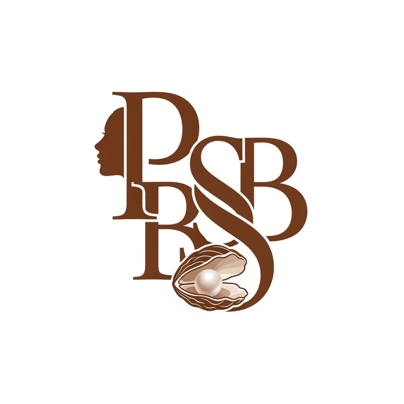 The image displays a stylized monogram logo featuring intertwined letters 'P',  'S' , 'B' and 'S' in a brown hue against a white background. The letter 'P' incorporates a female profile silhouette on its left vertical stroke. The letter 'S' integrates a pearl nestled in an oyster-like shell at its base, which has a subtle gradient for a slightly three-dimensional effect. The overall style is elegant and classic, with a flat graphic aesthetic for the letters, contrasting with the nuanced shading of the pearl. The elements are tightly integrated, forming a cohesive, singular design.
