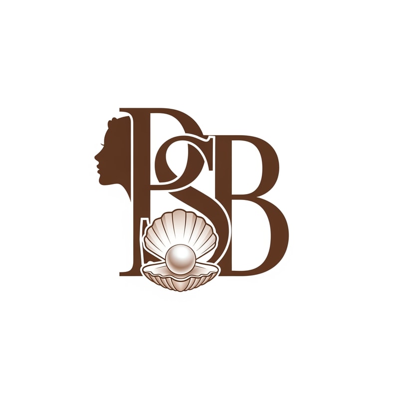 The image displays a stylized monogram logo featuring intertwined letters 'P',  'S' , 'B' and 'S' in a brown hue against a white background. The letter 'P' incorporates a female profile silhouette on its left vertical stroke. The letter 'S' integrates a pearl nestled in an oyster-like shell at its base, which has a subtle gradient for a slightly three-dimensional effect. The overall style is elegant and classic, with a flat graphic aesthetic for the letters, contrasting with the nuanced shading of the pearl. The elements are tightly integrated, forming a cohesive, singular design.