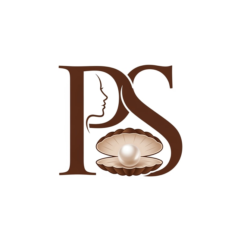 The image displays a stylized monogram logo featuring intertwined letters 'P', and 'S' in a brown hue against a white background. The letter 'P' incorporates a female profile silhouette on its left vertical stroke. The letter 'S' integrates a pearl nestled in an oyster-like shell at its base, which has a subtle gradient for a slightly three-dimensional effect. The overall style is elegant and classic, with a flat graphic aesthetic for the letters, contrasting with the nuanced shading of the pearl. The elements are tightly integrated, forming a cohesive, singular design.