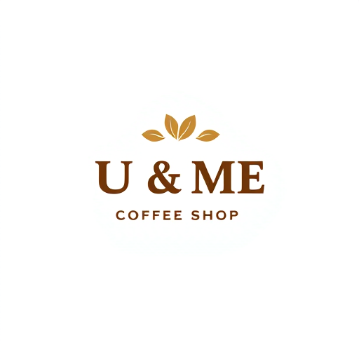 Professional logo design. "U & ME" Coffee Shop Logo — Modern and clean design, Monochromatic with warm wood accents, Soft and inviting, Contemporary illustration, Minimalist vector art, White background.