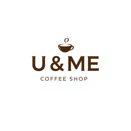 Professional logo design. "U & ME" Coffee Shop Logo — Modern and clean design, Monochromatic with warm wood accents, Soft and inviting, Contemporary illustration, Minimalist vector art, White background.