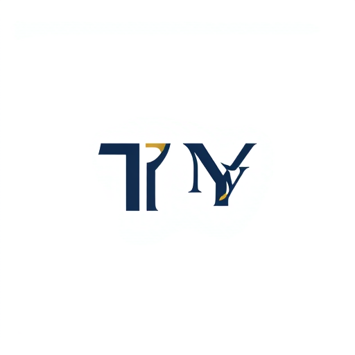 Professional logo design. Letterform for a modern stationary brand named "Ty": A clean and geometric arrangement of the letters T and Y, with subtle interlocking elements to create a unified and sophisticated mark, featuring a palette of deep navy blue, crisp white, and a touch of brushed gold, utilizing a sleek sans-serif font with slightly rounded edges, inspired by Bauhaus and Swiss design principles, with sharp lines and negative space to emphasize clarity, and a plain white background.