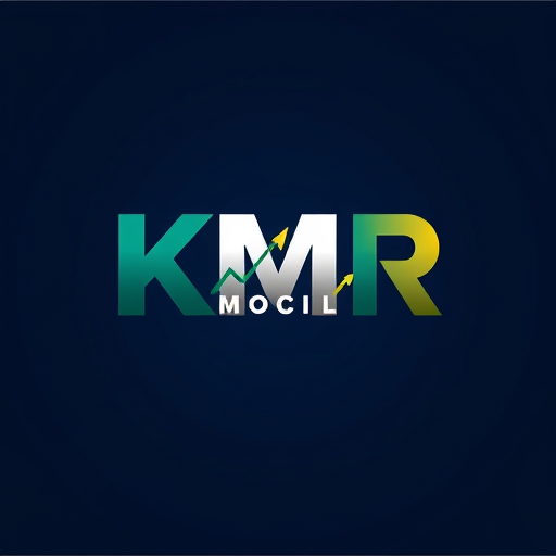 Professional logo design. Letterform for a YouTube stock market coaching channel named "KMR": The letters KMR intertwined with subtle upward-trending stock graph lines, Color palette: Deep navy blue, emerald green, and a touch of gold, Typography or stylistic treatment: Clean, modern, sans-serif font for KMR. Design an emblem-like feel with a professional and trustworthy aesthetic, incorporating subtle geometric elements that suggest precision and analysis, and a dark, professional background.