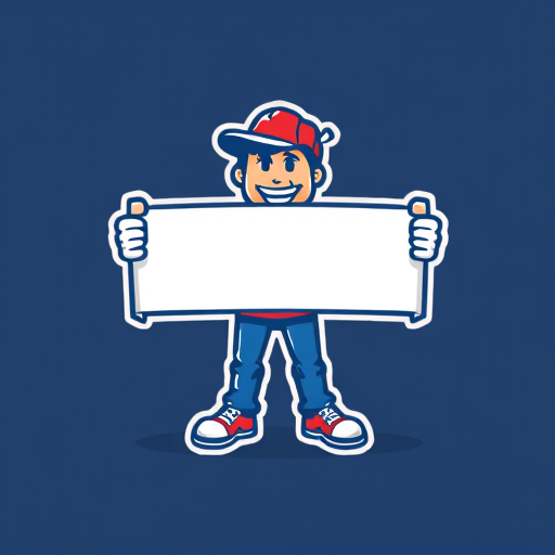 Professional logo design. generate a mascot logo of a person holding banner with both his hands for offline marketing (simple design)