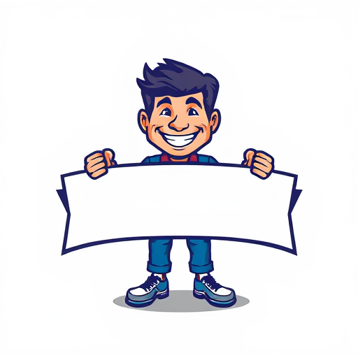 Professional logo design. generate a mascot logo of a person holding banner with both his hands for offline marketing (simple design) without background a png