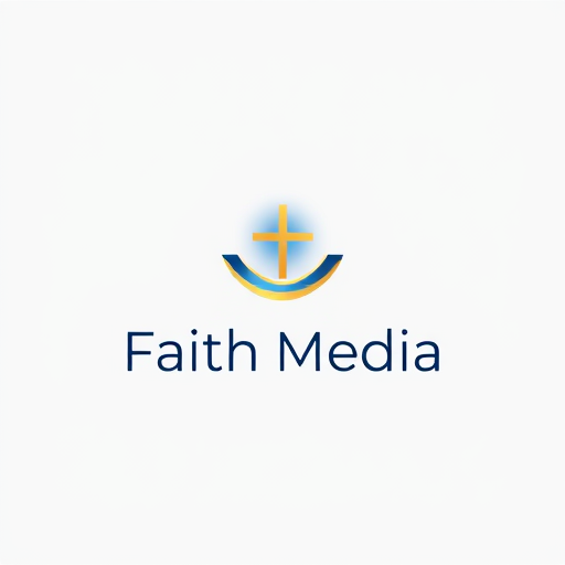 Professional logo design. Minimalist logo for faith media named "Faith Media": A subtle, integrated cross within an abstract, flowing design that suggests connection and broadcast, deep blues and soft golds, with touches of white for highlights. Typography should be clean, modern sans-serif, with slightly rounded edges to feel approachable. Design with a modern, ethereal influence, focusing on smooth, organic lines that merge seamlessly. Visual execution using gradients and subtle light effects to give a sense of depth and spirituality. Solid, light grey background.
