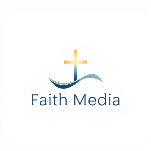 Professional logo design. Minimalist logo for faith media named "Faith Media": A subtle, integrated cross within an abstract, flowing design that suggests connection and broadcast. Primarily, a palette of deep blues and soft golds, with touches of white for highlights. Typography should be clean, modern sans-serif, with slightly rounded edges to feel approachable. Design with a modern, ethereal influence, focusing on smooth, organic lines that merge seamlessly. Visual execution using gradients and subtle light effects to give a sense of depth and spirituality. Solid, light grey background.