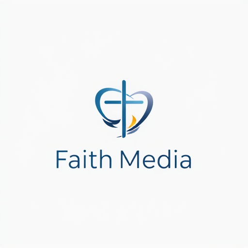 Professional logo design. Minimalist logo for faith media named "Faith Media": A subtle, integrated cross within an abstract, flowing design that suggests connection and broadcast. Primarily, a palette of deep blues and soft golds, with touches of white for highlights. Typography should be clean, modern sans-serif, with slightly rounded edges to feel approachable. Design with a modern, ethereal influence, focusing on smooth, organic lines that merge seamlessly. Visual execution using gradients and subtle light effects to give a sense of depth and spirituality. Solid, light grey background.