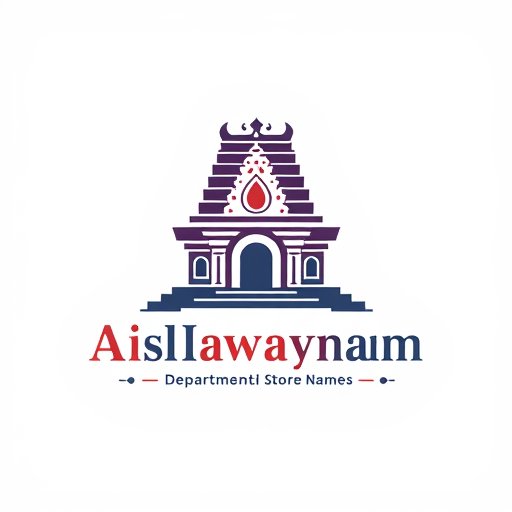 Professional logo design. Tamilnadu style temple Gopuram with deepam logo design for Departmental Store Names Aishwaryam Mart 