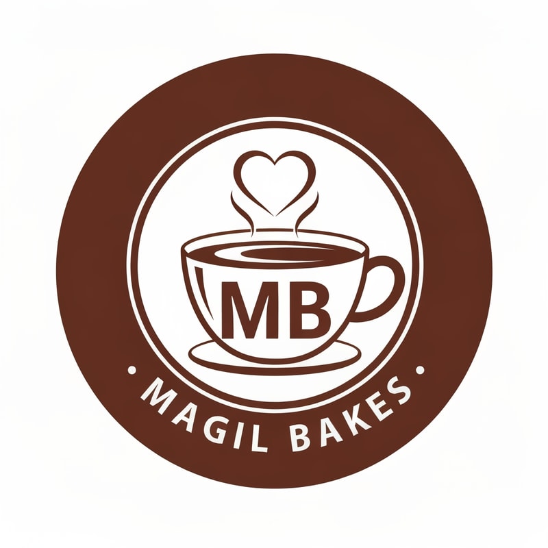 Magil Bakes Name need a circle emblem logo With tea cup shape with MB letters inside and heart shape in the steam
