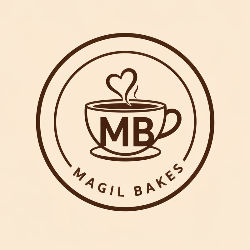 Magil Bakes Name need a circle emblem logo With tea cup shape with MB letters inside and heart shape in the steam