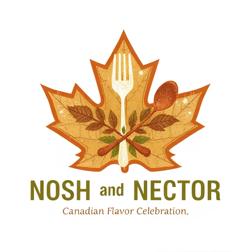 Professional logo design. Pictorial logo for a Canadian flavor celebration brand named "NOSH AND NECTOR": Maple leaf interwoven with a fork and spoon, emphasizing Canadian heritage and culinary delight, Warm earthy tones of maple brown, forest green, and subtle harvest gold, Rustic, hand-drawn serif font with slightly imperfect edges, inspired by Canadian landscape paintings and artisanal crafts, intricate linework for the leaf veins and utensil details, with a textured fill for a natural feel, transparent background