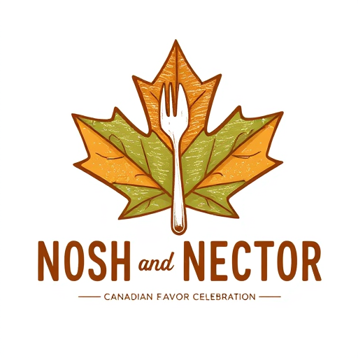 Professional logo design. Pictorial logo for a Canadian flavor celebration brand named "NOSH AND NECTOR": Maple leaf interwoven with a fork and spoon, emphasizing Canadian heritage and culinary delight, Warm earthy tones of maple brown, forest green, and subtle harvest gold, Rustic, hand-drawn serif font with slightly imperfect edges, inspired by Canadian landscape paintings and artisanal crafts, intricate linework for the leaf veins and utensil details, with a textured fill for a natural feel, transparent background