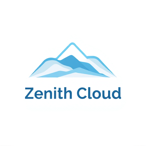 Professional logo design. Minimalist for a tech startup offering cloud storage services named "Zenith Cloud": Abstract mountain peak formed by abstract cloud shapes, cool blues and grays with a hint of sky blue, clean sans-serif font with rounded edges. Design with a focus on simplicity and scalability, digital illustration style with smooth gradients, solid white background.