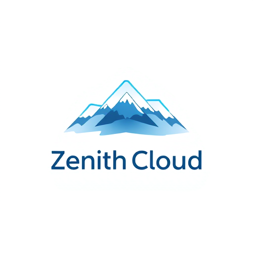 Professional logo design. Minimalist for a tech startup offering cloud storage services named "Zenith Cloud": Abstract mountain peak formed by abstract cloud shapes, cool blues and grays with a hint of sky blue, clean sans-serif font with rounded edges. Design with a focus on simplicity and scalability, digital illustration style with smooth gradients, solid white background.