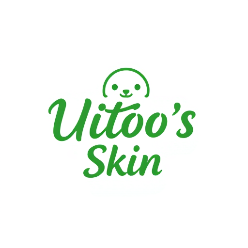 Professional logo design. genera un logo per Uitóo's Skin, sul verde chiaro e scuro, la scritta deve essere simile a quella fatta dalle brush pen.. come emoji vorrei l'emoji dell'ago, del filo, della lana e del bottone, tutti sul verde. vorrei qualcosa di più bello