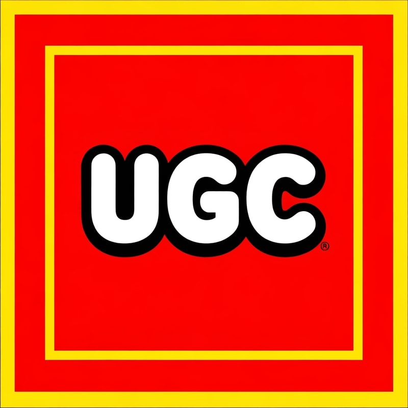 Create an image inspired by the classic LEGO logo. Use the same layout, proportions, and color scheme: a bright red square background with a thin white border and a thick yellow outline inside it. In the center, replace the word “LEGO” with “UGC” in the same bold, rounded font style as the original LEGO logo. Match the font’s white letters with black shadowing and yellow outline exactly as in the classic LEGO design. Make sure it looks authentic and high quality.