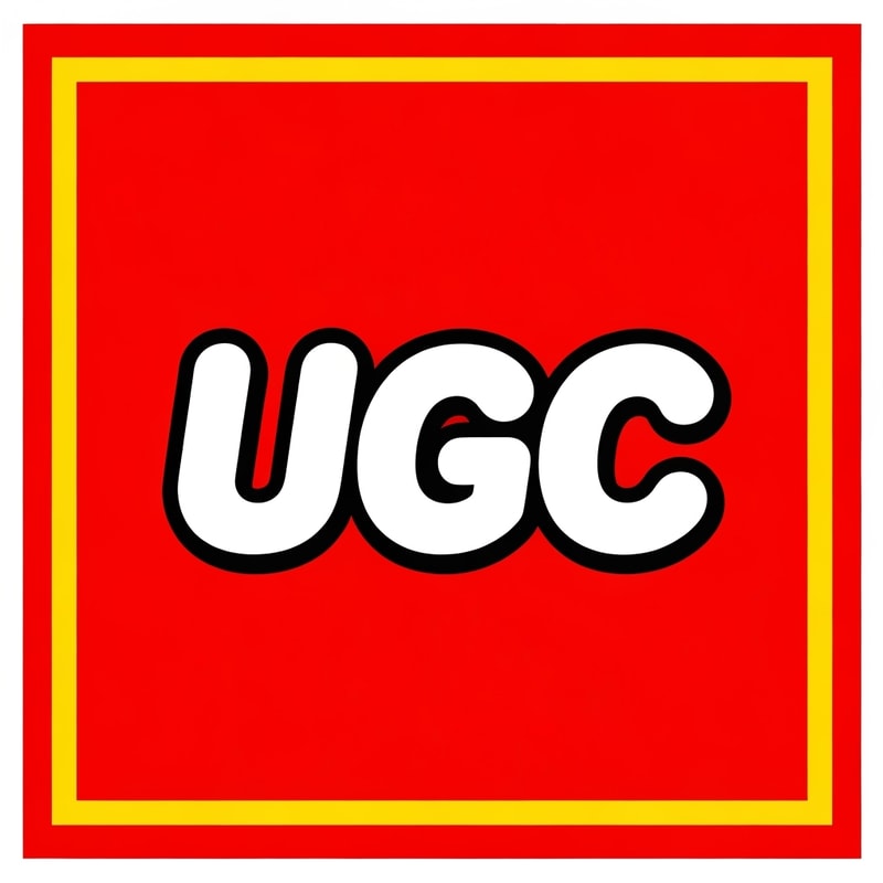 Create an image inspired by the classic LEGO logo. Use the same layout, proportions, and color scheme: a bright red square background with a thin white border and a thick yellow outline inside it. In the center, replace the word “LEGO” with “UGC” in the same bold, rounded font style as the original LEGO logo. Match the font’s white letters with black shadowing and yellow outline exactly as in the classic LEGO design. Make sure it looks authentic and high quality.
