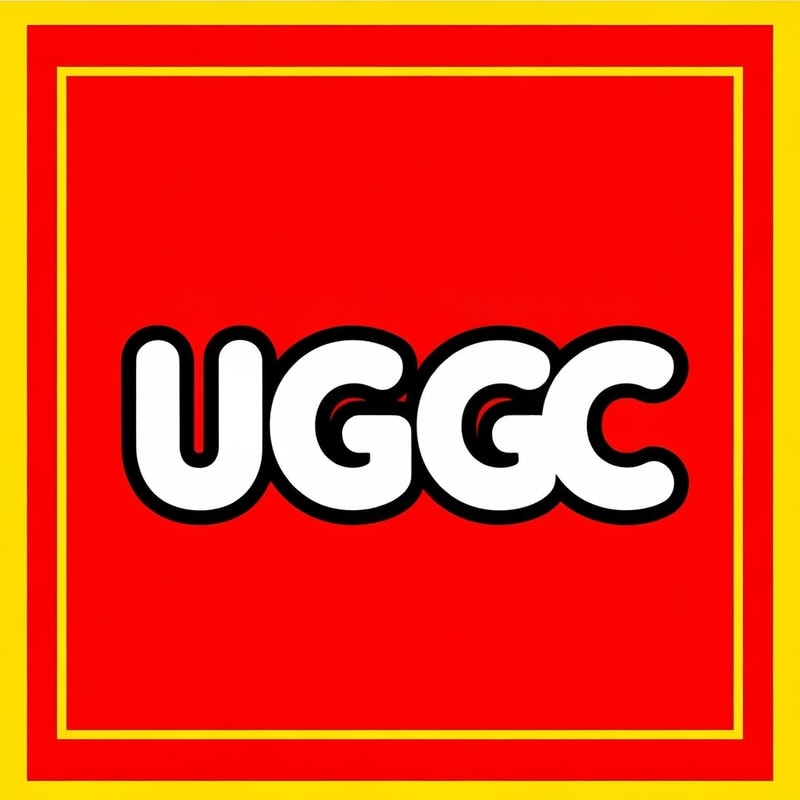 Create an image inspired by the classic LEGO logo. Use the same layout, proportions, and color scheme: a bright red square background with a thin white border and a thick yellow outline inside it. In the center, replace the word “LEGO” with “UGC” in the same bold, rounded font style as the original LEGO logo. Match the font’s white letters with black shadowing and yellow outline exactly as in the classic LEGO design. Make sure it looks authentic and high quality.