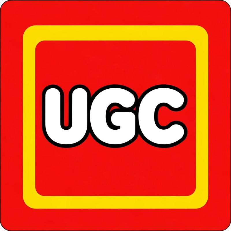 Create an image inspired by the classic LEGO logo. Use the same layout, proportions, and color scheme: a bright red square background with a thin white border and a thick yellow outline inside it. In the center, replace the word “LEGO” with “UGC” in the same bold, rounded font style as the original LEGO logo. Match the font’s white letters with black shadowing and yellow outline exactly as in the classic LEGO design. Make sure it looks authentic and high quality.