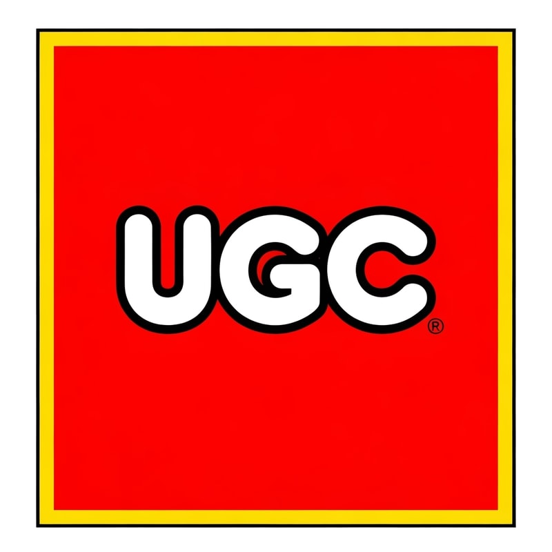 Create an image inspired by the classic LEGO logo. Use the same layout, proportions, and color scheme: a bright red square background with a thin white border and a thick yellow outline inside it. In the center, replace the word “LEGO” with “UGC” in the same bold, rounded font style as the original LEGO logo. Match the font’s white letters with black shadowing and yellow outline exactly as in the classic LEGO design. Make sure it looks authentic and high quality.