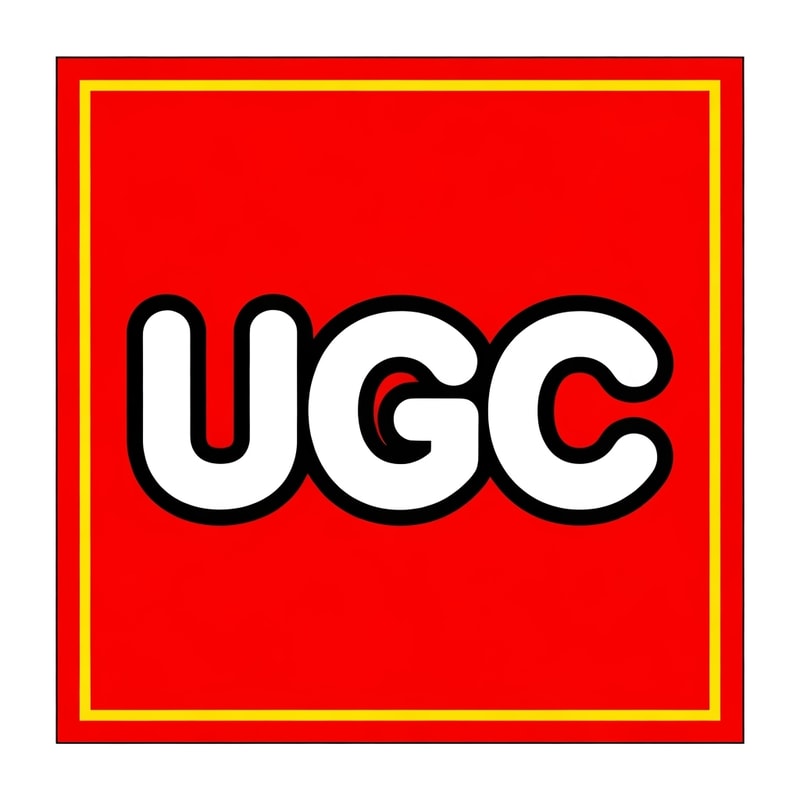 Create an image inspired by the classic LEGO logo. Use the same layout, proportions, and color scheme: a bright red square background with a thin white border and a thick yellow outline inside it. In the center, replace the word “LEGO” with “UGC” in the same bold, rounded font style as the original LEGO logo. Match the font’s white letters with black shadowing and yellow outline exactly as in the classic LEGO design. Make sure it looks authentic and high quality.