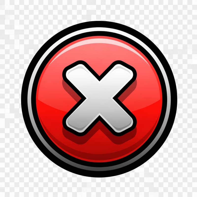 Create a cartoon-style videogame close button with no text—just the button itself. Use a transparent background and a red, white, and black color palette. The design should feel modern and slightly cool, with visible depth through shading, strokes, and detailed color layering, while remaining clearly cartoonish.