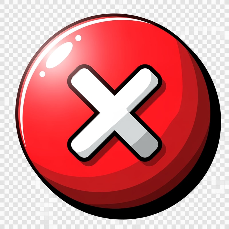 Create a cartoon-style videogame close button with no text—just the button itself. Use a transparent background and a red, white, and black color palette. The design should feel modern and slightly cool, with visible depth through shading, strokes, and detailed color layering, while remaining clearly cartoonish.