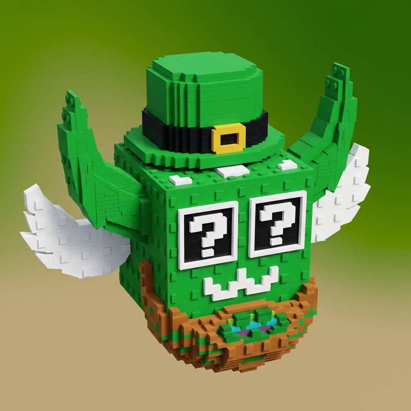 replace this green lucky block with this leprechaun lucky block ensure the leprechaun lucky block has the same art style and facing the same direction as the green lucky block