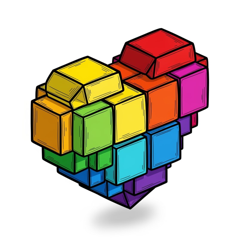 A low-poly blocky heart in the style of Roblox, 3D render with cel-shading, thick black ink outlines giving a sketched appearance, plastic texture but with hand-drawn distinct edges, isometric view, video game item, colorful, vector illustration style, white background