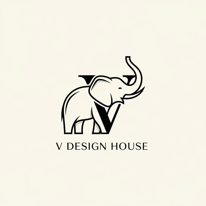 A stylized elephant outline forming the letter “V”
Thin, elegant lines
Elephant trunk curved upward (symbol of luck & prosperity)
Text below:
V Design House
Font style: Modern serif (luxury look)
