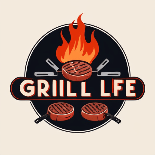 Professional logo design. A grill with steak cooking, with the text Grill Life  <lora:sdxlbase20:1>